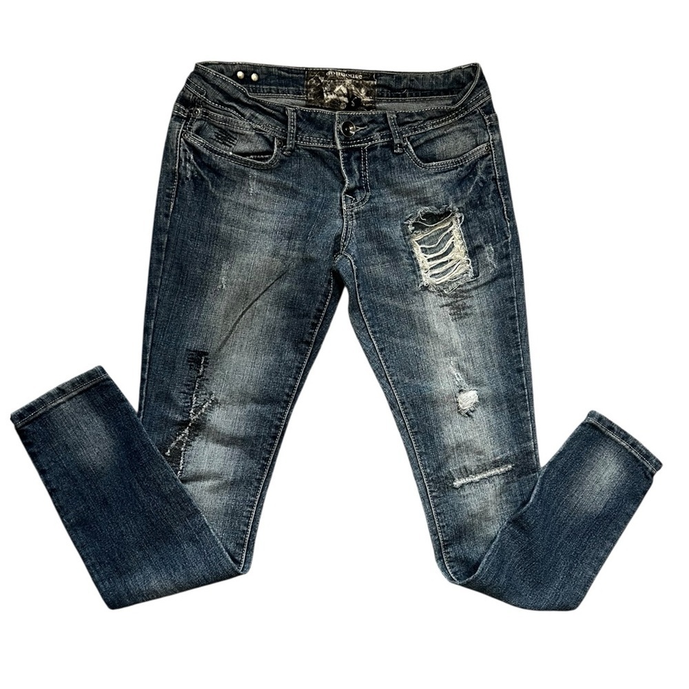 Dollhouse Dark Wash Distressed Skinny Jeans EUC 3